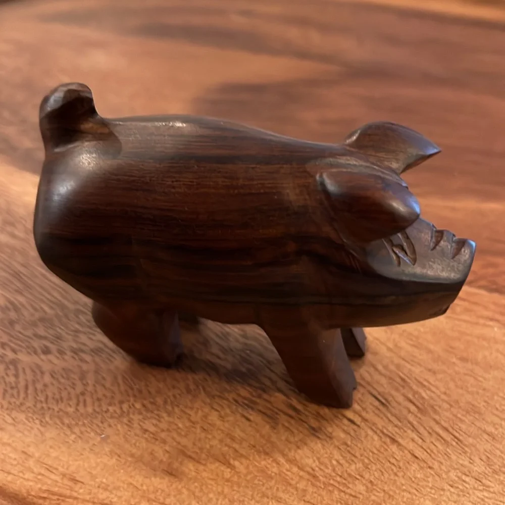 Vintage Hand-Carved Wood Pig Figurine Solid Hardwood Folk Art Decor - Picture 2 of 8